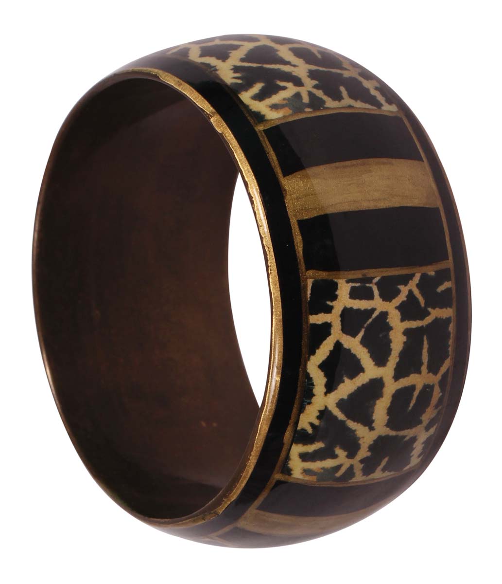 Round Broad Bangle - Black & Golden Abstract Patterning Exteriors - Dull Golden Finish Interiors - Handmade in Brass & Iron - Fashion Accessories - Unique Metal Jewelry - Buy in Bulk Wholesale